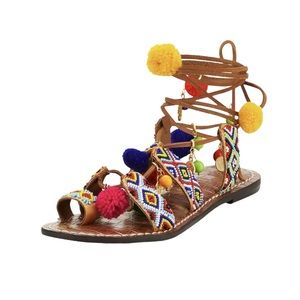 Sam Edelman Lisabeth Women’s Beaded Pom Pom Sandals Colorful sz 8.5 EUC